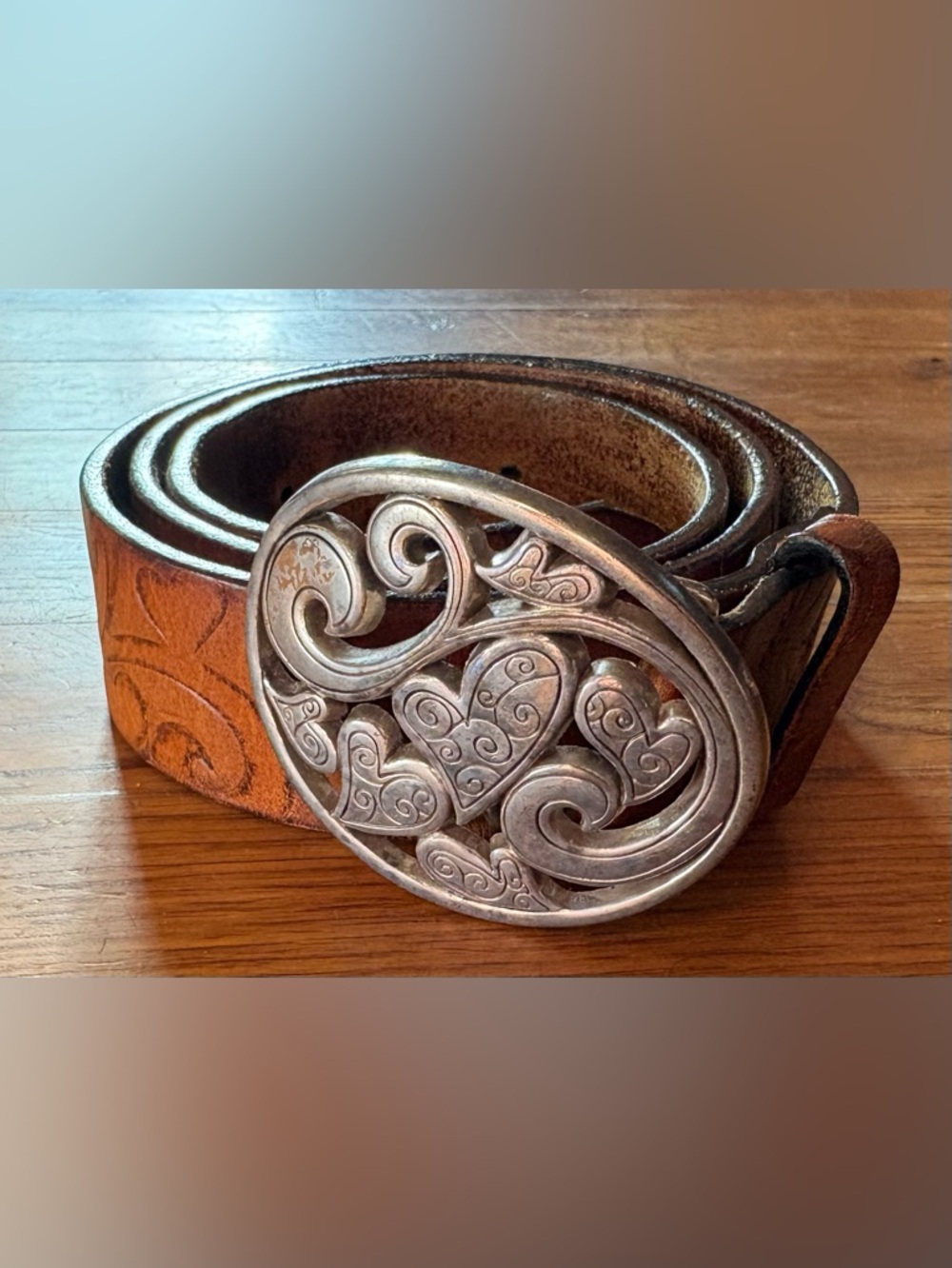 BRIGHTON Love Carnival Tooled Heart Leather Belt, Size 34”, EUC